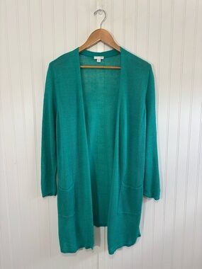 J.Jill Teal Linen Blend Open Front Cardigan Medium Petite Lightweight Pockets